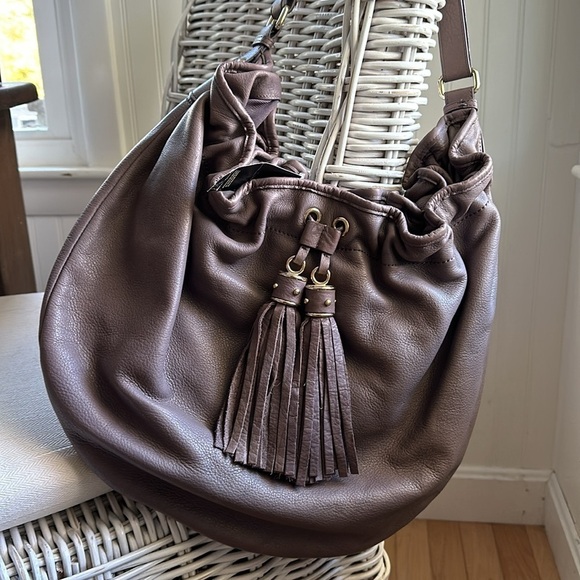 ANN TAYLOR LOFT Taupe Large Pebbled Leather Hobo Bag with Tassels - Picture 1 of 16